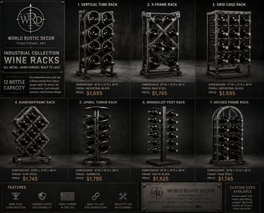 Hand-forged industrial metal wine racks in vertical, grid, and spiral designs for home decor.