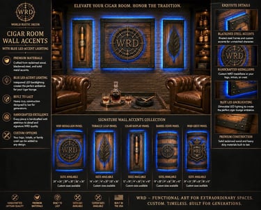 Luxury rustic cigar room wall decor with blue LED backlighting and reclaimed wood panels for home bars.