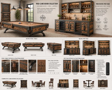 Rustic game room furniture collection featuring a reclaimed wood pool table and a wet bar with industrial steel accents.