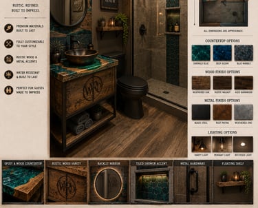 Rustic modern guest bathroom featuring a custom wood vanity with teal epoxy countertop and tiled walk-in shower.