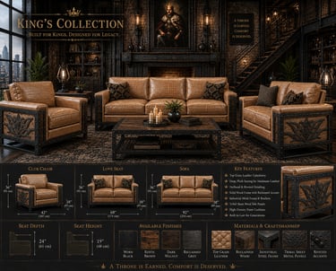Luxury King's Collection tan top grain leather sofa and club chair furniture set in an industrial rustic living room.