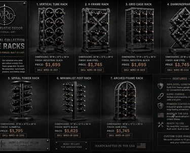 Showcase of industrial metal wine racks in vertical, grid, and spiral styles for rustic home decor.