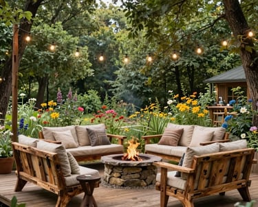 Cozy backyard wooden deck featuring a stone fire pit, outdoor sofas, and hanging string lights in a lush garden.
