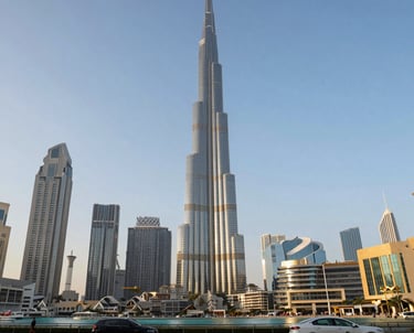 The iconic Burj Khalifa skyscraper towering over the Dubai city skyline and waterfront.