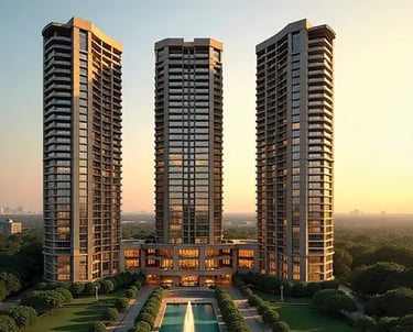 a large building with two tall buildings in the background