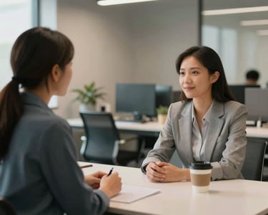 Two diverse professionals in a North American office setting engaged in a supportive mentoring conversation, sitting at a modern table with coffee, looking hopeful and focused, surrounded by soft lighting.