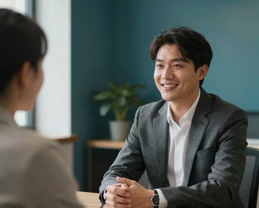 A professional candidate in North American business casual attire having a confident, smiling interaction during a meeting in a bright, modern office with dark teal accent walls.