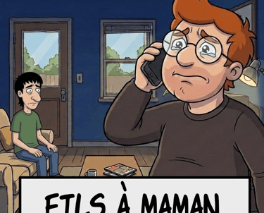 Dessin animé montrant un homme en larmes avec des lunettes au téléphone, sous le regard de son ami,