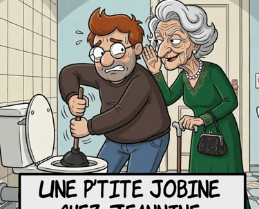 Dessin animé humoristique de plomberie montrant un homme stressé en train d'utiliser un débouchoir à