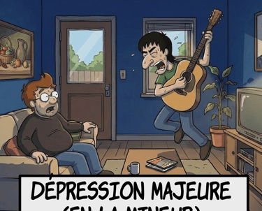 Dessin animé d'un homme qui joue intensément de la guitare acoustique sous le regard d'un ami, avec