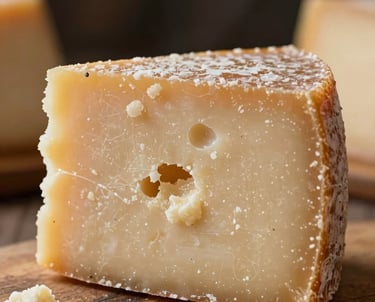 A piece of Queso Arenoso, showing its crumbly and grainy texture, shot with macro photography in a Latin American / Spanish rustic environment.