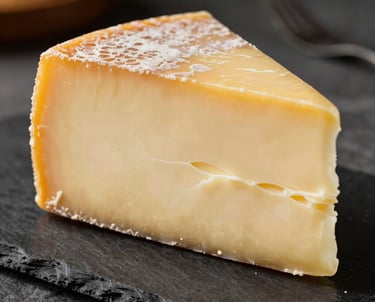 A close-up of a wedge of Queso Manteco, showing its creamy and buttery pale yellow interior. Placed on a dark slate board in a Latin American / Spanish dining setting.