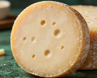 A wheel of Queso Suizo with visible characteristic holes, styled in a professional food photography setup in a Latin American / Spanish kitchen with forest green accents.