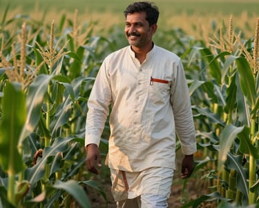 A smiling South Asian farmer walking through a lush green hybrid maize field, wearing traditional professional agrarian attire, golden morning light filtering through corn leaves, shallow depth of field, high-yield agriculture photography.