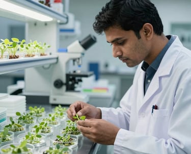 A modern seed quality testing laboratory, with a South Asian scientist inspecting green seedlings in petri dishes, clean state-of-the-art agricultural research facility, professional, reliable atmosphere.