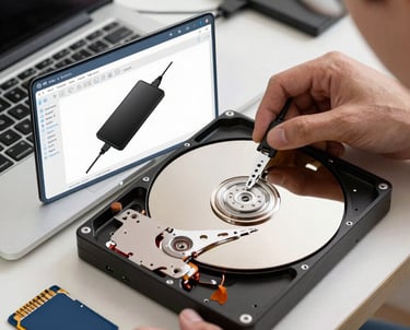 Technician carefully recovering data from a damaged hard disk in a clean workspace.