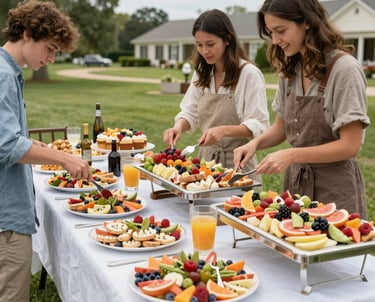 A sleek corporate event space featuring a signature breakfast bar with fresh pastries and southern-style offerings.