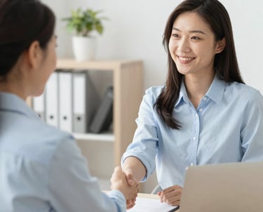 A friendly meeting between client and web designer discussing project details.