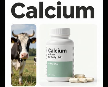 Informational graphic style image showing a calcium supplement for dairy cows. Clean layout with scientific aesthetic, colors #1C302B and #B4C6AD.