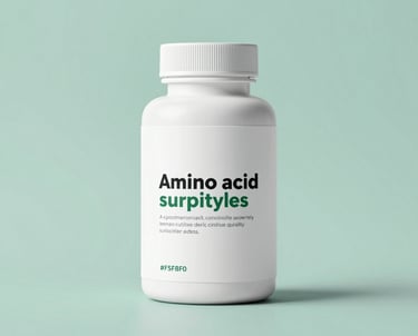 A sleek, professional presentation of amino acid supplements for livestock. Minimalist composition with a focus on purity and quality, using #F5F8F0 and #4B6F63.