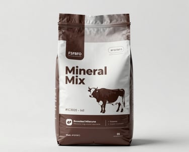 A professional product shot of a mineral mix bag for cattle, presented on a clean #F5F8F0 background with soft shadows. Modern, minimalist style with #1C302B accents.