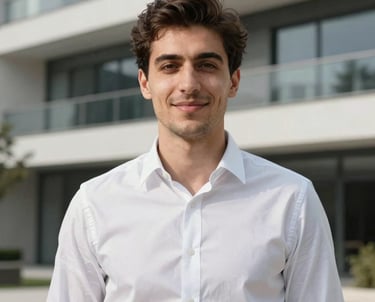 A professional portrait of a young Anatolian man wearing a smart-casual shirt, standing in front of a modern architectural project. He has a friendly and helpful expression.