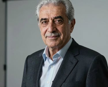A professional portrait of a senior Turkish man with graying hair in a minimalist modern studio. He looks confident and experienced, reflecting the leadership and heritage of the company.