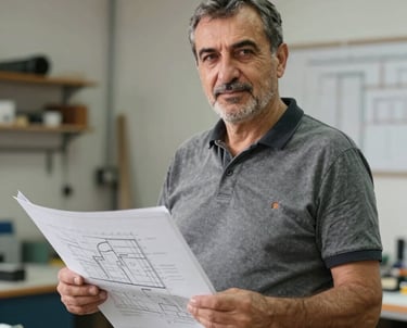A professional portrait of a middle-aged Anatolian man in a clean workshop setting, holding technical plans. He represents the craftsmanship and technical expertise of the production team.