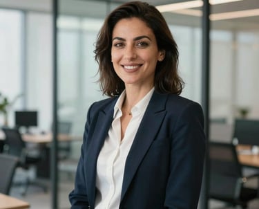 A professional portrait of a Turkish woman in business attire, smiling warmly in a modern office with glass partitions. The lighting is soft and natural, conveying reliability and professionalism.