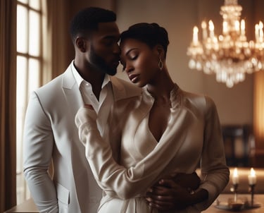 A beautifully lit, elegant portrait of a black couple sharing a tender moment, showcasing rich skin tones and timeless style.