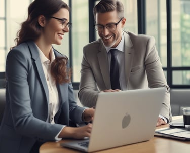 A diverse team collaborating around a laptop displaying HR software dashboards in a modern office with blue accents.
