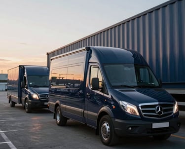 A sleek black luxury truck moving on a modern European highway at dusk with city skyline in the background.