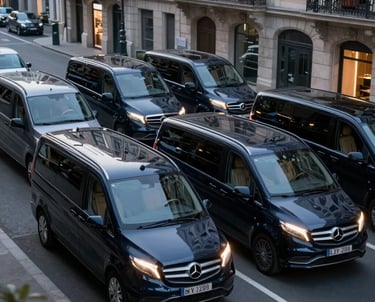 A sleek black luxury fleet of executive vehicles lined up on a modern European highway at dusk.