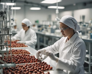 A skilled artisan wearing gloves carefully processing jujubier fruits in a clean laboratory setting.