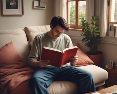 A thoughtful person reading a book titled 'Análise do Paradoxo Existencial' in a cozy study room.