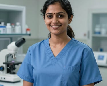 A professional portrait of a South Asian female clinical instructor in a blue nursing uniform, standing in a hospital laboratory setting with an encouraging smile.
