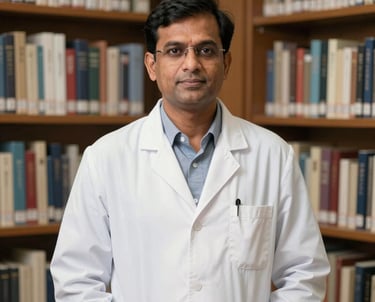 A professional portrait of a South Asian male professor in a white clinical coat, standing in front of a medical library shelf, looking professional.