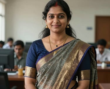 A professional portrait of a South Asian female principal in a formal saree, standing in a bright academic office, conveying authority and warmth.