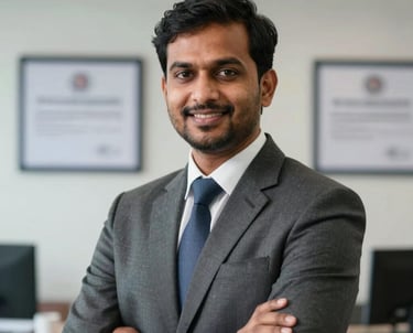 A professional portrait of a South Asian male administrator in formal attire, smiling confidently in a modern office setting with medical credentials visible in the background.