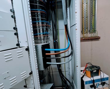Professional electrical LV panel wiring with circuit testing equipment ready for testing