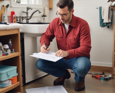 A friendly caregiver examining a senior's living room for hazards with a checklist in hand.