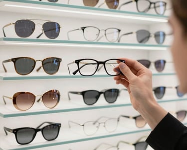 A stylish display of optical and sunglasses on a wooden table with natural light.