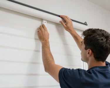 Professional installer fitting window shutters in a cozy home office.