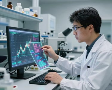 A researcher in a high-tech laboratory examining a holographic display of data, representing innovative progress. The setting is clean and sophisticated, North American / International style, with professional cool lighting in tones of navy and white.