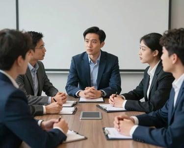 A diverse group of young professionals engaged in a high-level seminar discussion around a conference table in a North American / International corporate setting. Inspiring atmosphere, professional attire, palette of deep blues and soft greys.