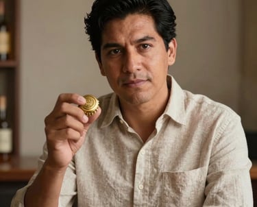 Portrait of a young Mexican / Latin American man, an expert in spirits, dressed in a refined neutral linen shirt, holding a golden bottle cap, warm natural lighting.