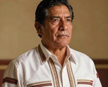 Portrait of a Mexican / Latin American man in his 50s, a master mezcalero with a focused and proud expression, wearing a traditional elegant shirt, soft studio lighting with warm gold tones.