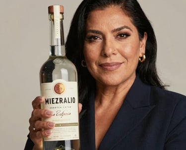 Portrait of a Mexican / Latin American woman with an air of sophistication, focused on the quality of a mezcal bottle, soft lighting with cream and gold accents.