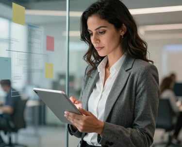 A dynamic Latin American businesswoman working with a digital tablet in a high-tech innovation hub. Transparent glass walls with business strategies in the background.