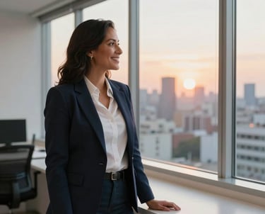 A smiling Latin American entrepreneur in professional casual attire, looking thoughtfully out of a wide window at a sunrise city skyline, in a clean, off-white workspace.